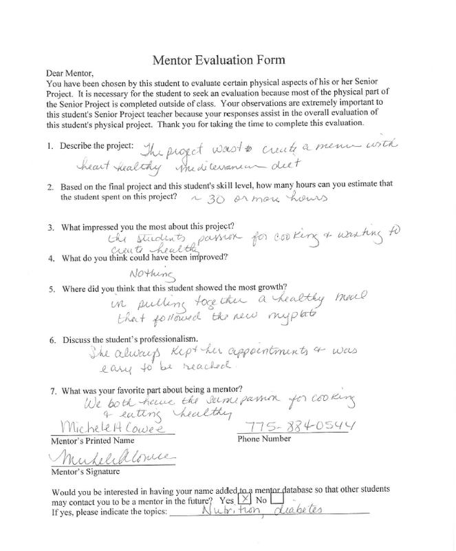 Mentor Evaluation Form - Italian ~ The Healthy Cara DuMonte's Senior Project